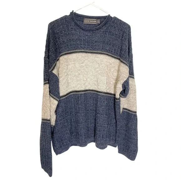 David Taylor Large Blue Cream Knit Sweater Colorblock Geometric Grandpa Core - Picture 9 of 9